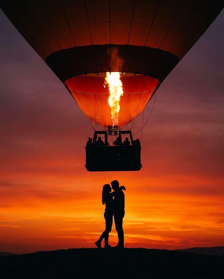 Silhouette at Sunset AI portrait example — AI Hot Air Balloon Prompts for Gemini & ChatGPT