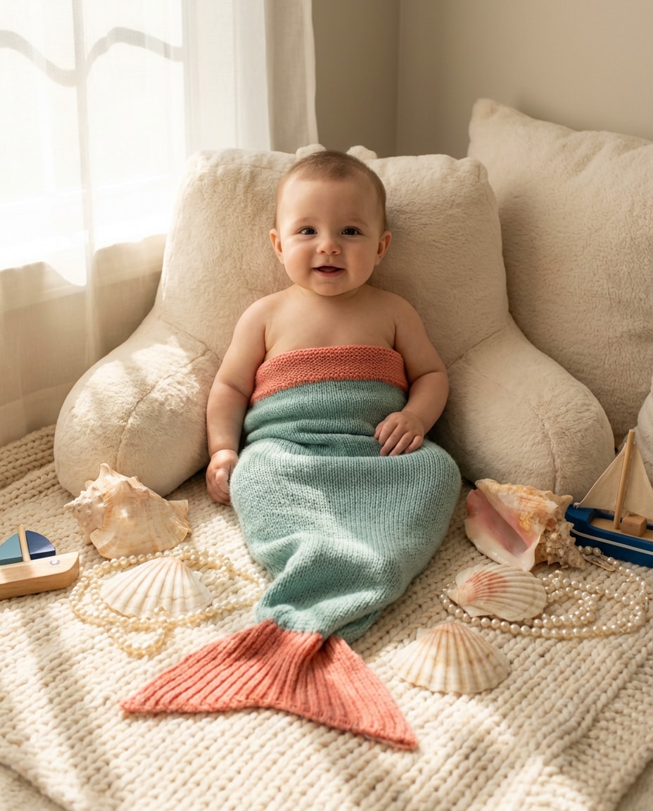 Sitter Milestone Shells AI portrait example — Gemini Mermaid Kids Photoshoot Prompts