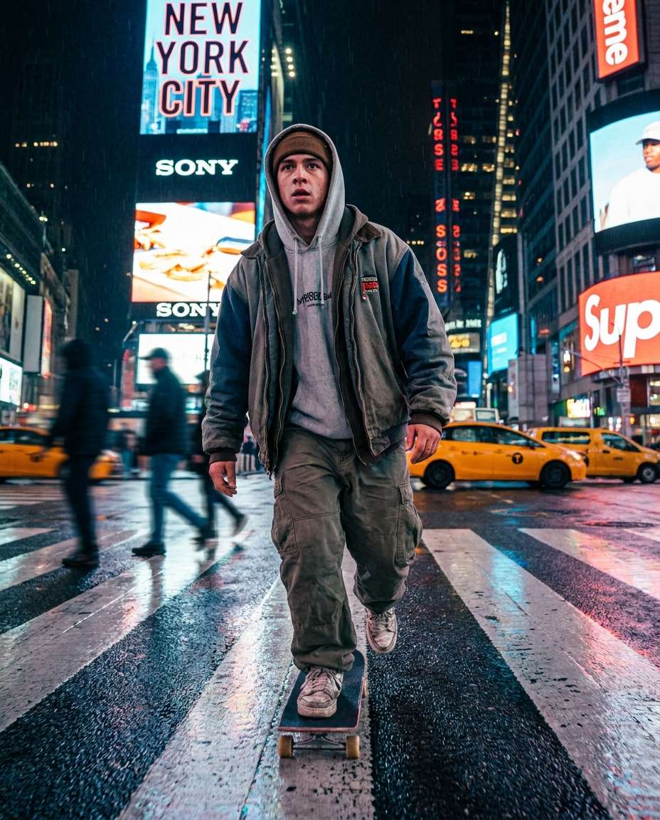 Skateboard Crosswalk AI portrait example — Gemini AI Photo Prompt Times Square
