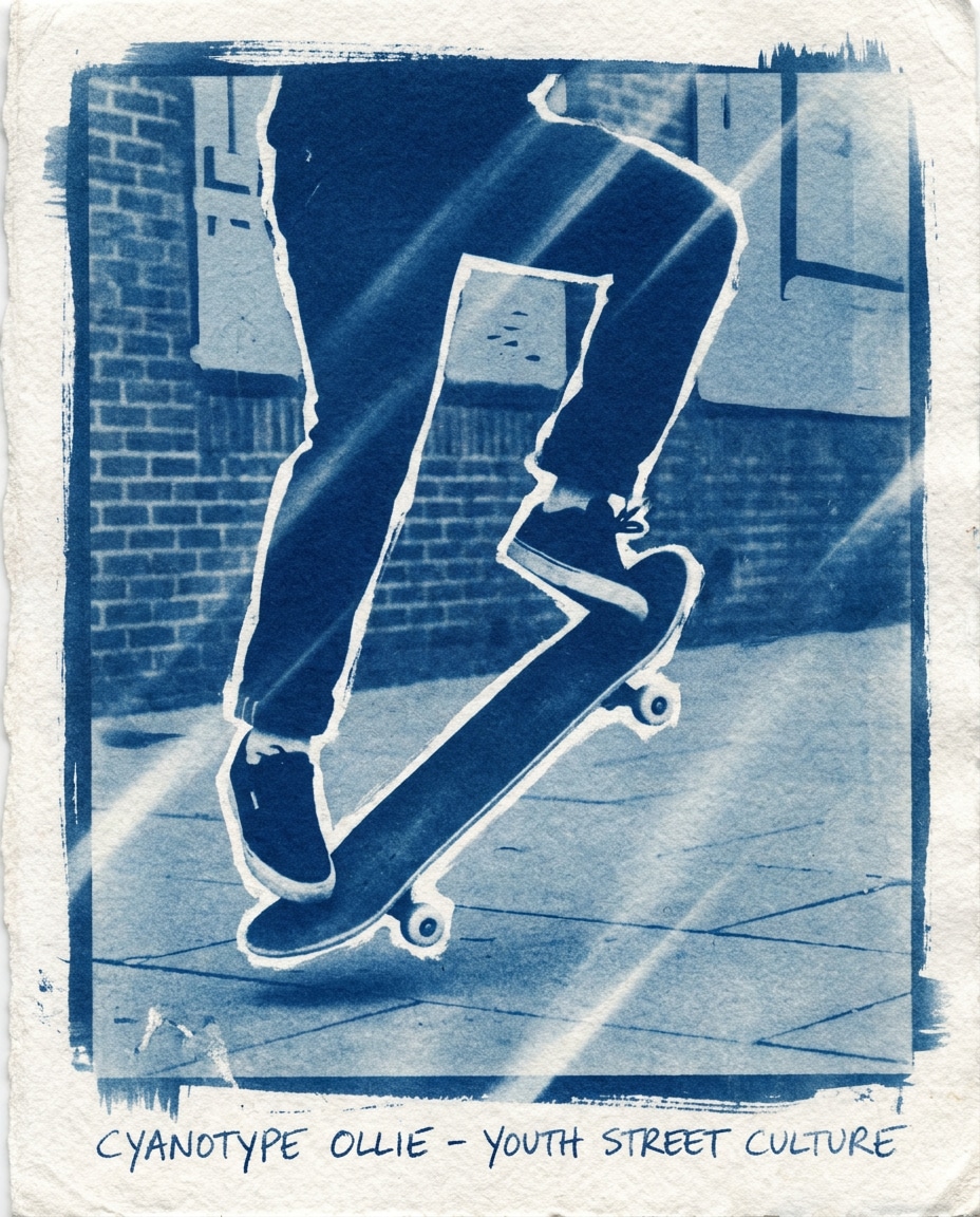 Skater Freeze Frame AI portrait example — Free AI Cyanotype Photo Prompts for Gemini & ChatGPT