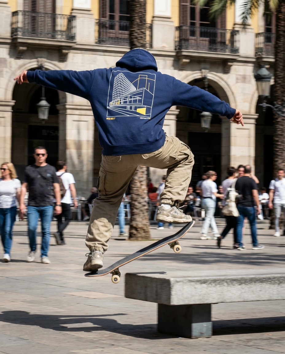 Skater Streetwear Fit AI portrait — Gemini AI Barcelona Hoodie Prompt