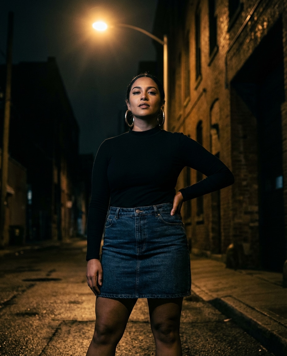 Sleek Evening Spotlight AI portrait — Gemini AI Denim Skirt Prompt