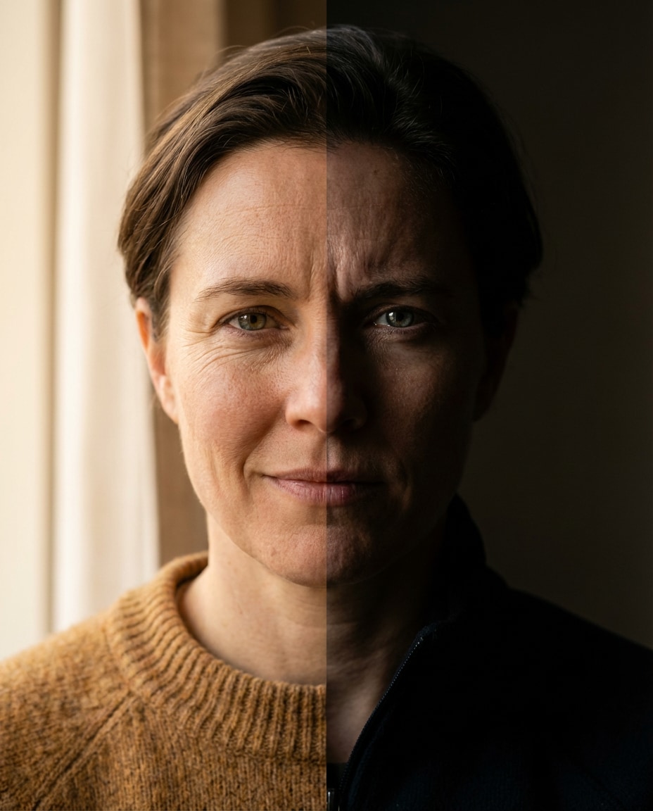 Smile vs Serious AI portrait — AI Split Photo Prompt