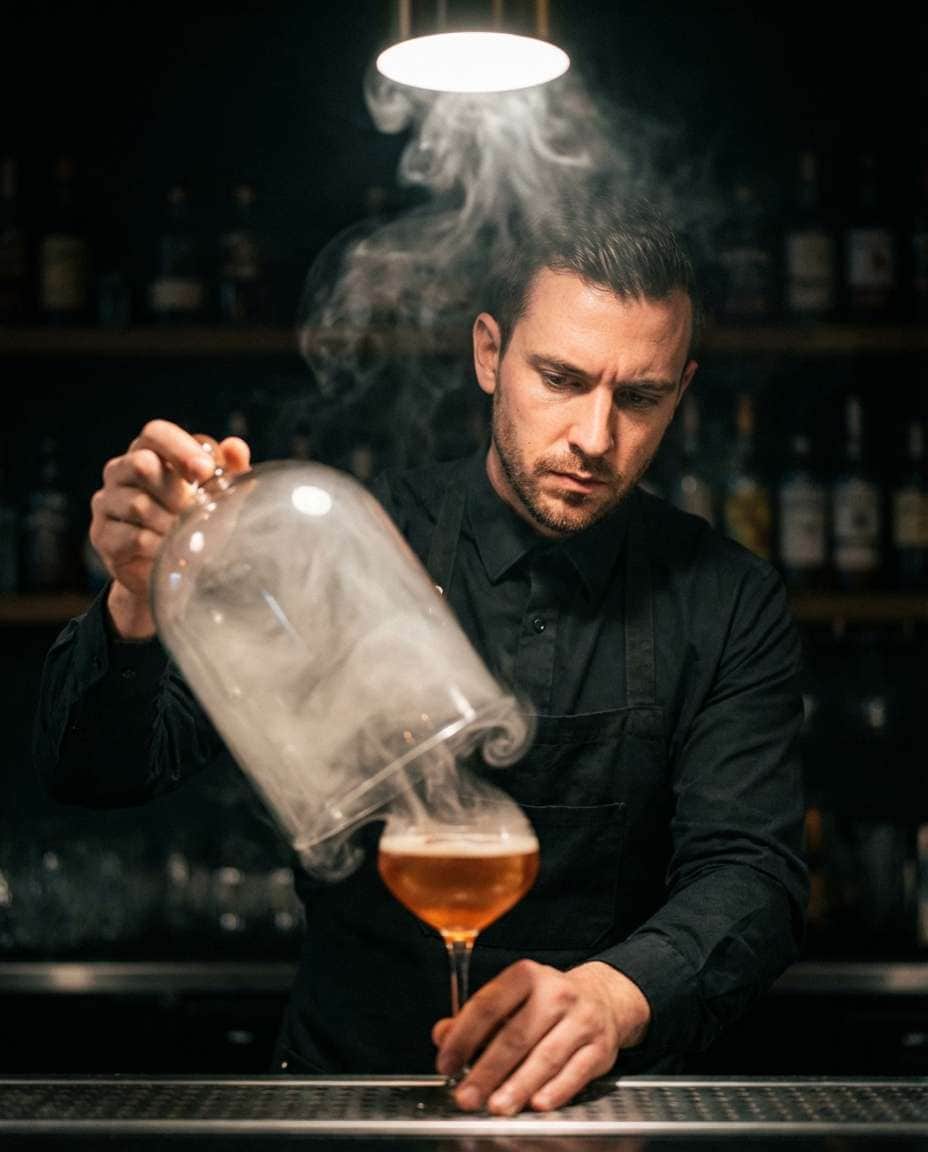 Smoked Cocktail Reveal AI portrait example — Gemini AI Bartender Photo Prompts