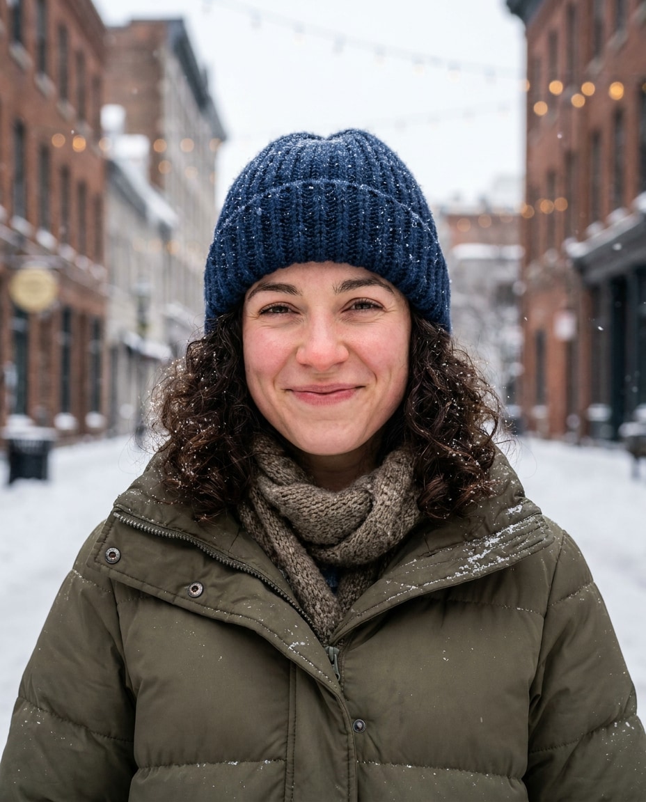 Snow Day Curly Hat AI portrait example — Test 25 Curly Hairstyles with Gemini AI Prompt and See What Suits Your Texture