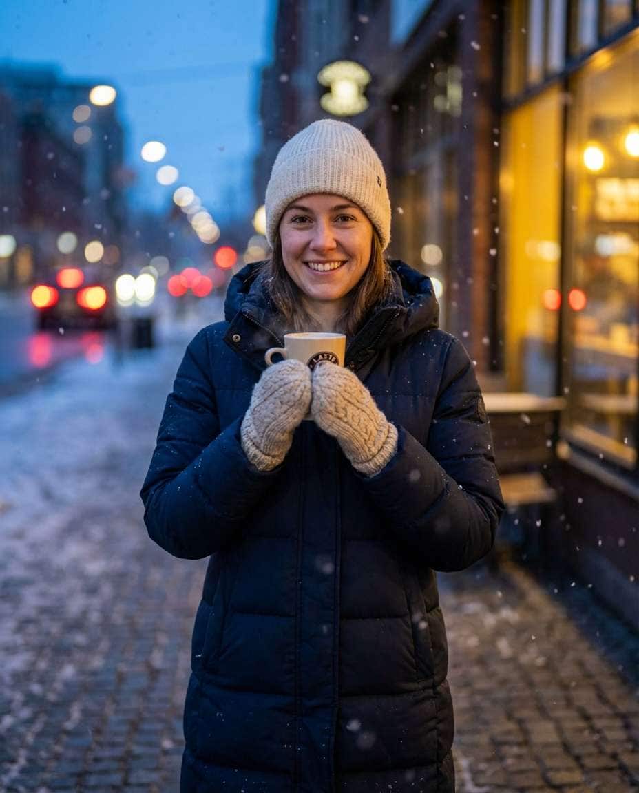 Snowy Street Cafe AI portrait example — AI Travel Photography Prompt