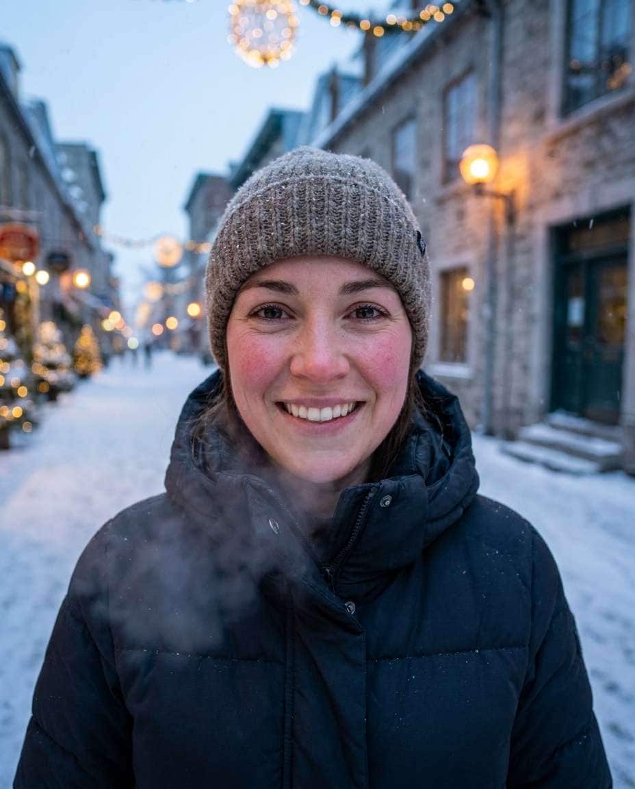 Snowy Street Cozy AI portrait — Free Copy & Paste