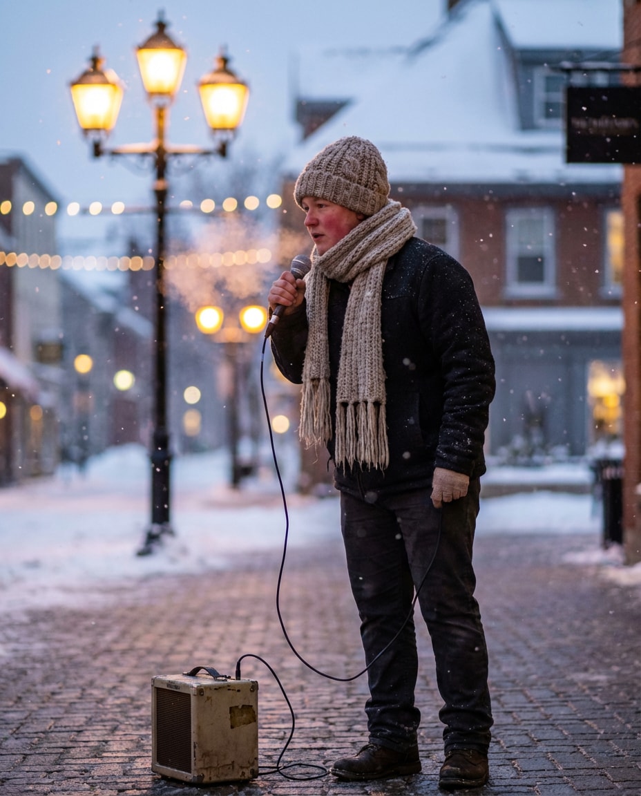 Snowy Street Performance AI portrait — Gemini AI Singer Photo Prompts