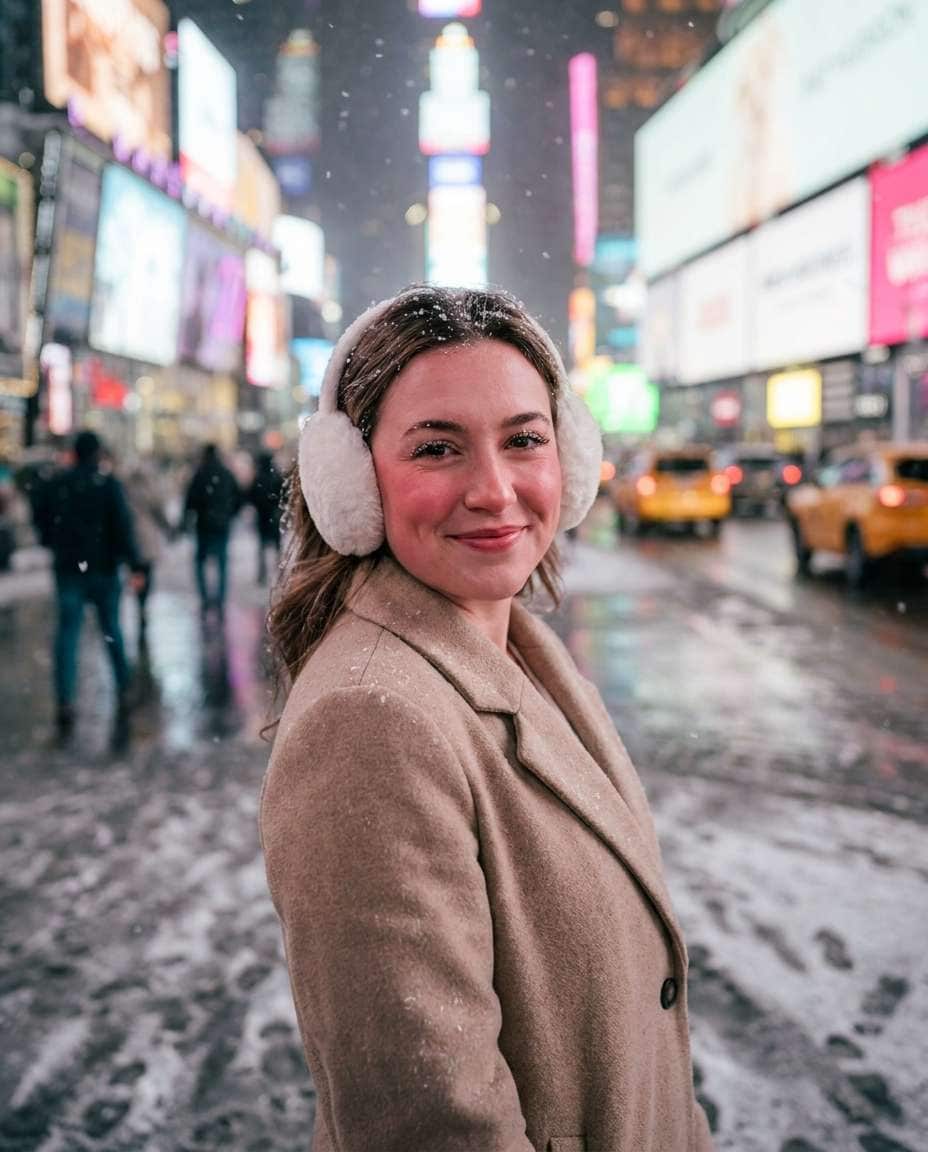 Snowy Times Square AI portrait example — Gemini AI Photo Prompt Times Square
