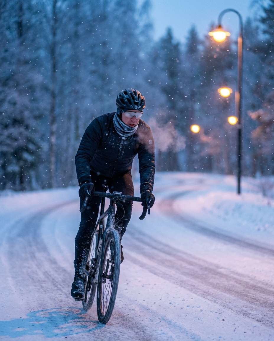 Snowy Winter Training AI portrait example — Gemini AI Cyclist Photo Prompts