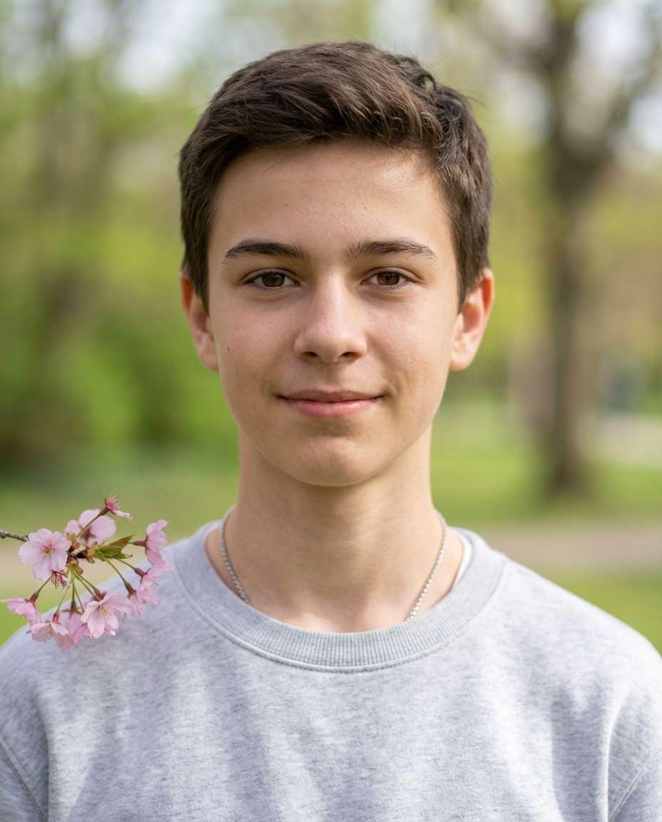 Soft Headshot Blossom AI portrait example — AI Flower Photo Prompt for Boys