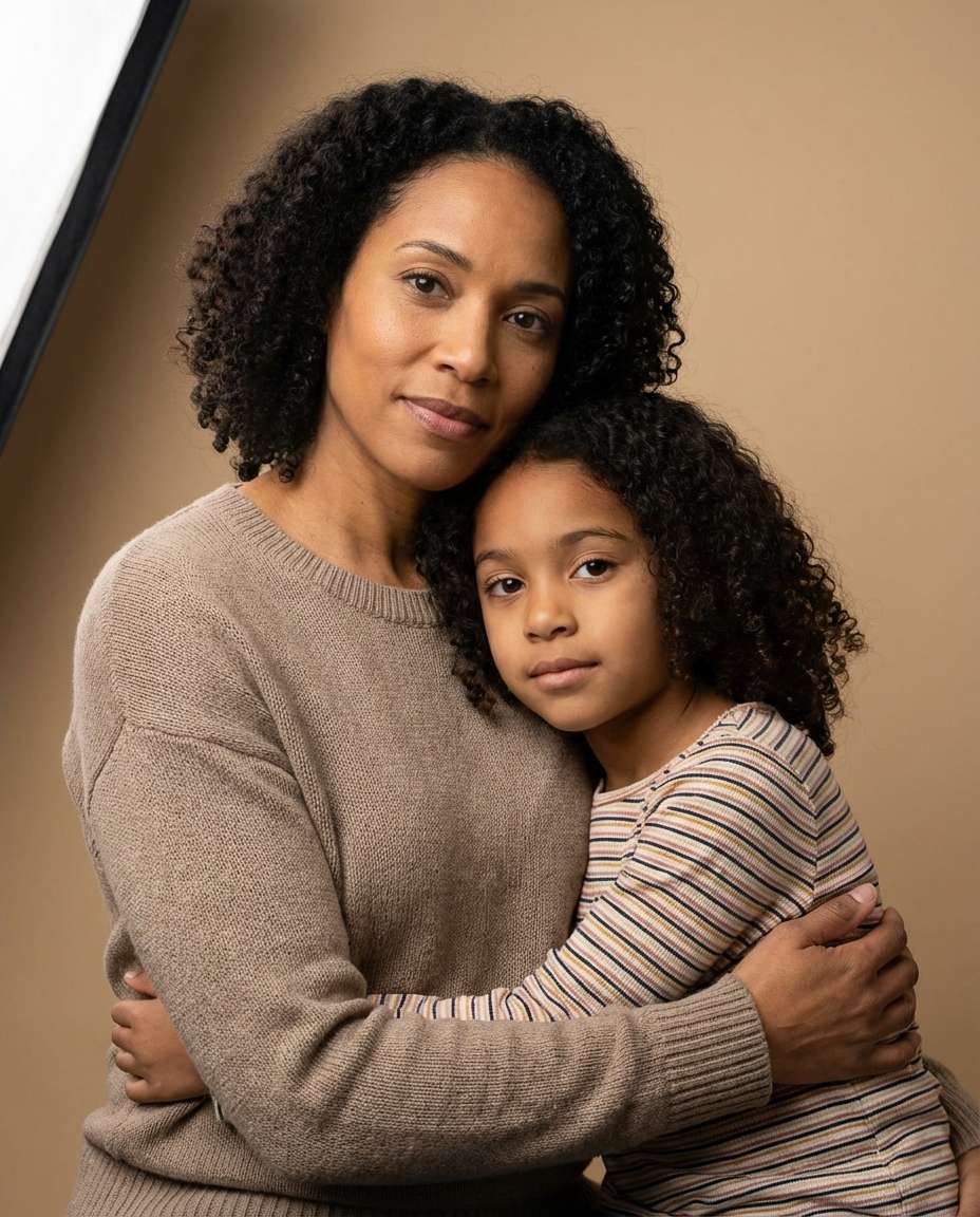 Soft Studio Embrace AI portrait example — Gemini Hug My Youngself Prompt