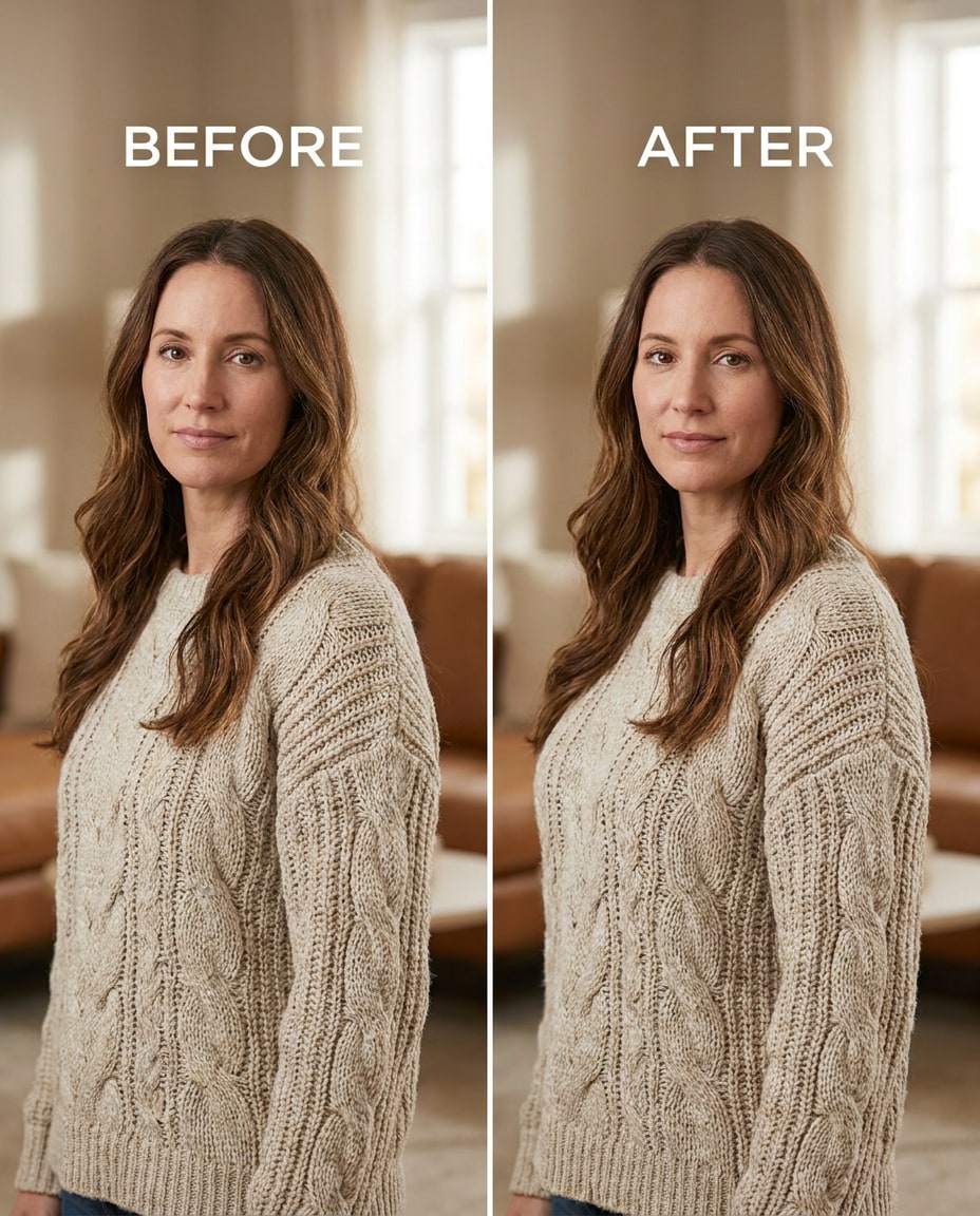 Soft Sweater Volume AI portrait example — AI Breast Expansion Prompts for Gemini & ChatGPT: 25+ natural retouch ideas