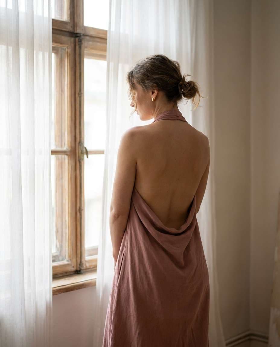 Soft Window Light AI portrait — Gemini AI Backless Dress Prompt