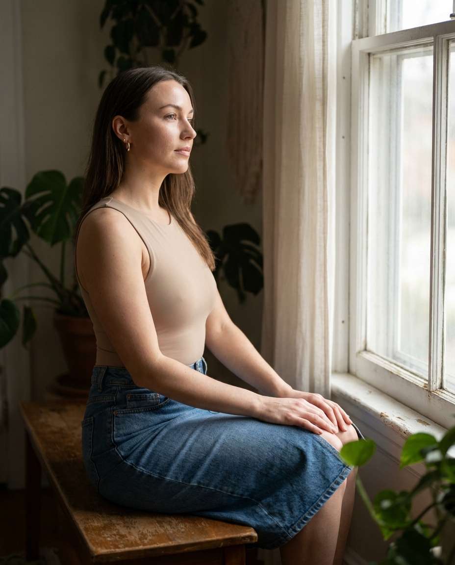 Soft Window Portrait AI portrait — Gemini AI Denim Skirt Prompt