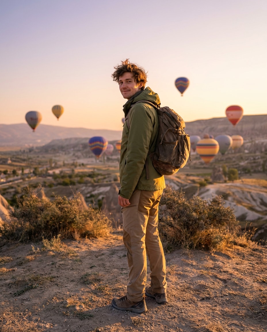 Solo Backpacker Lookback AI portrait example — AI Hot Air Balloon Prompts for Gemini & ChatGPT