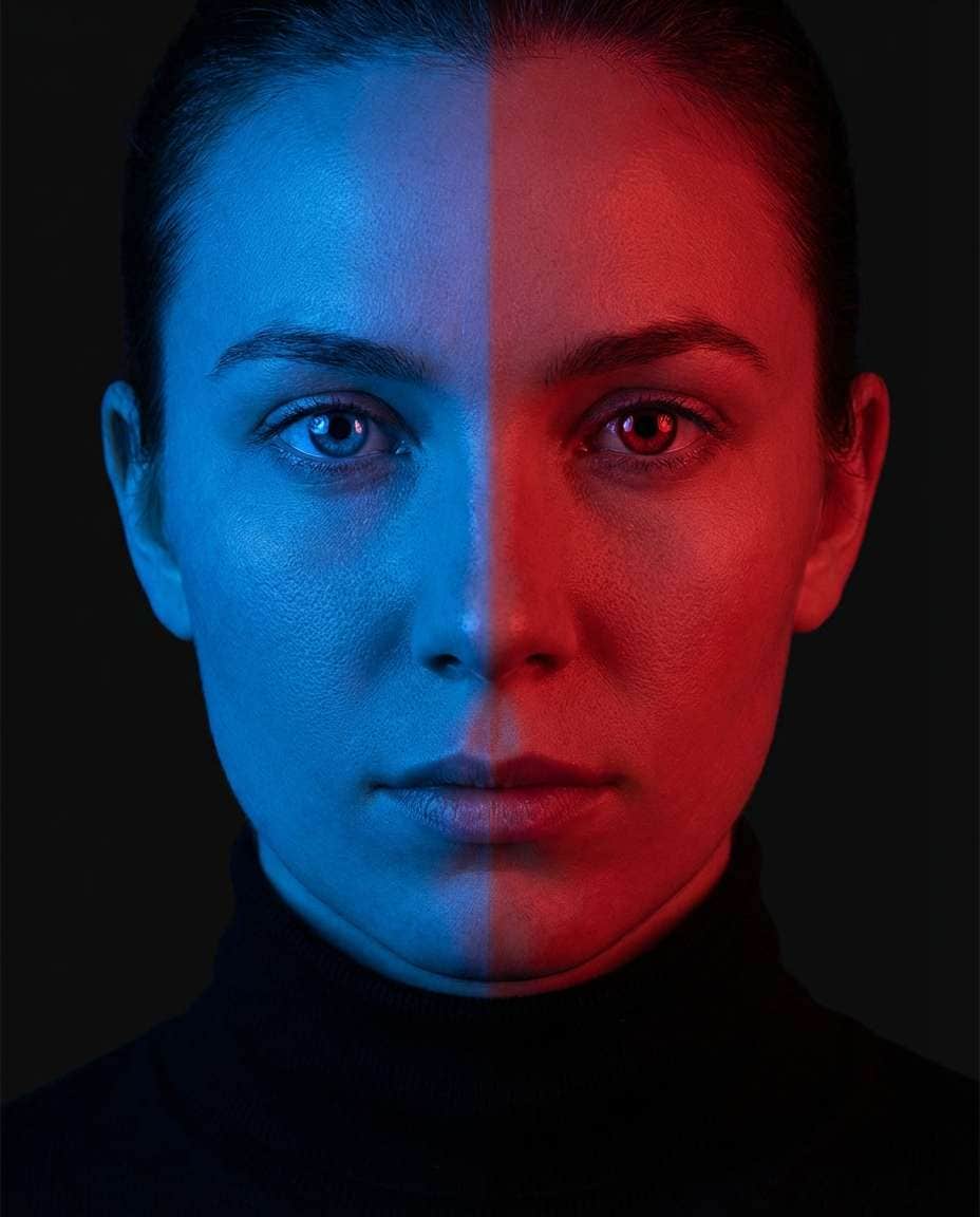 Split Color Gel Studio AI portrait example — Gemini AI Half Face Prompt