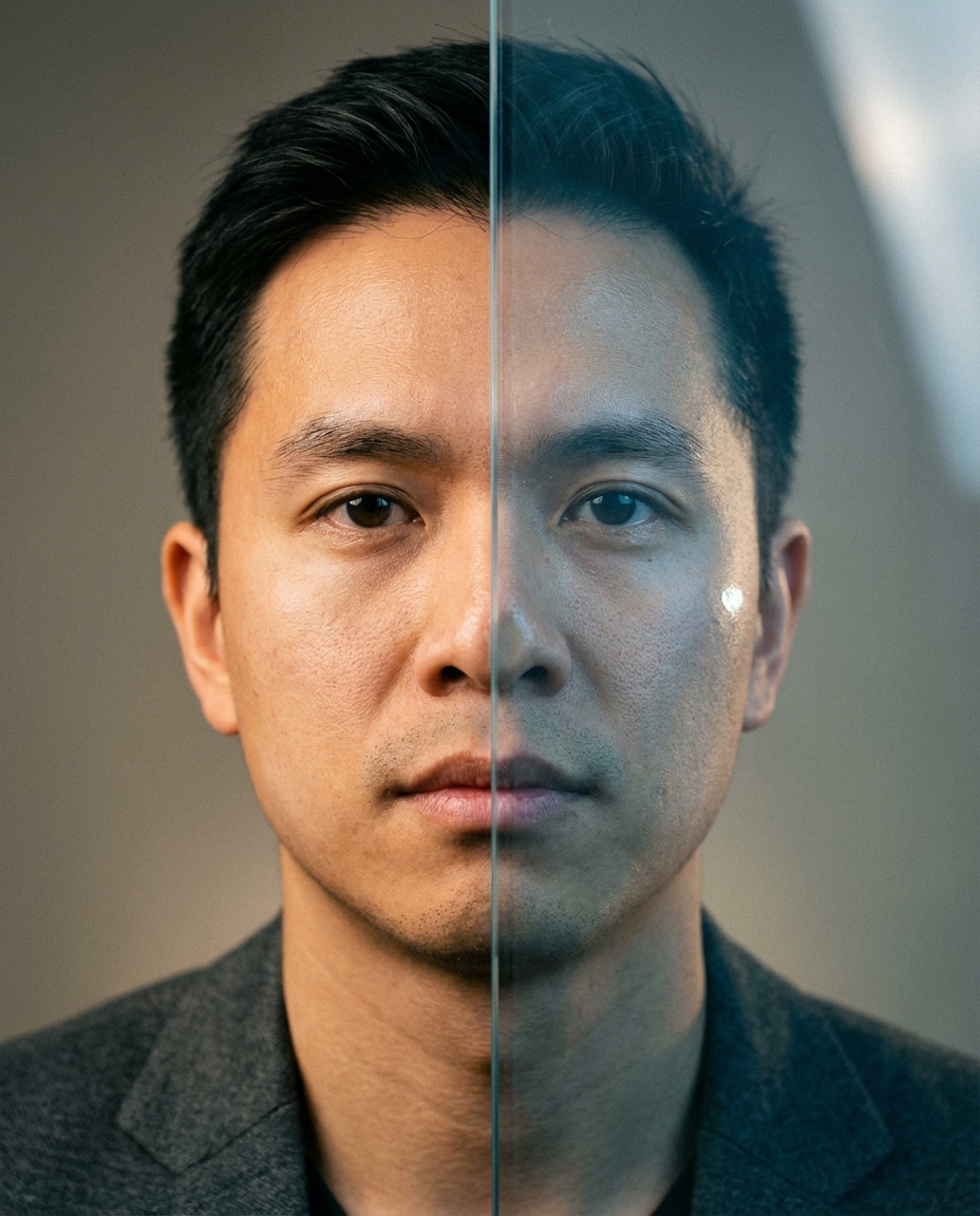 Split With Reflection Glass AI portrait example — Gemini AI Half Face Prompt