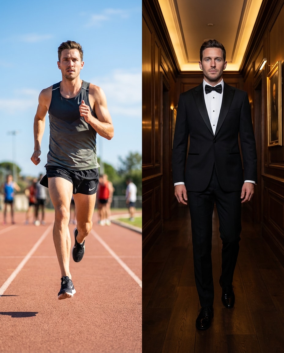 Sports Mode vs Formal Mode AI portrait — AI Split Photo Prompt