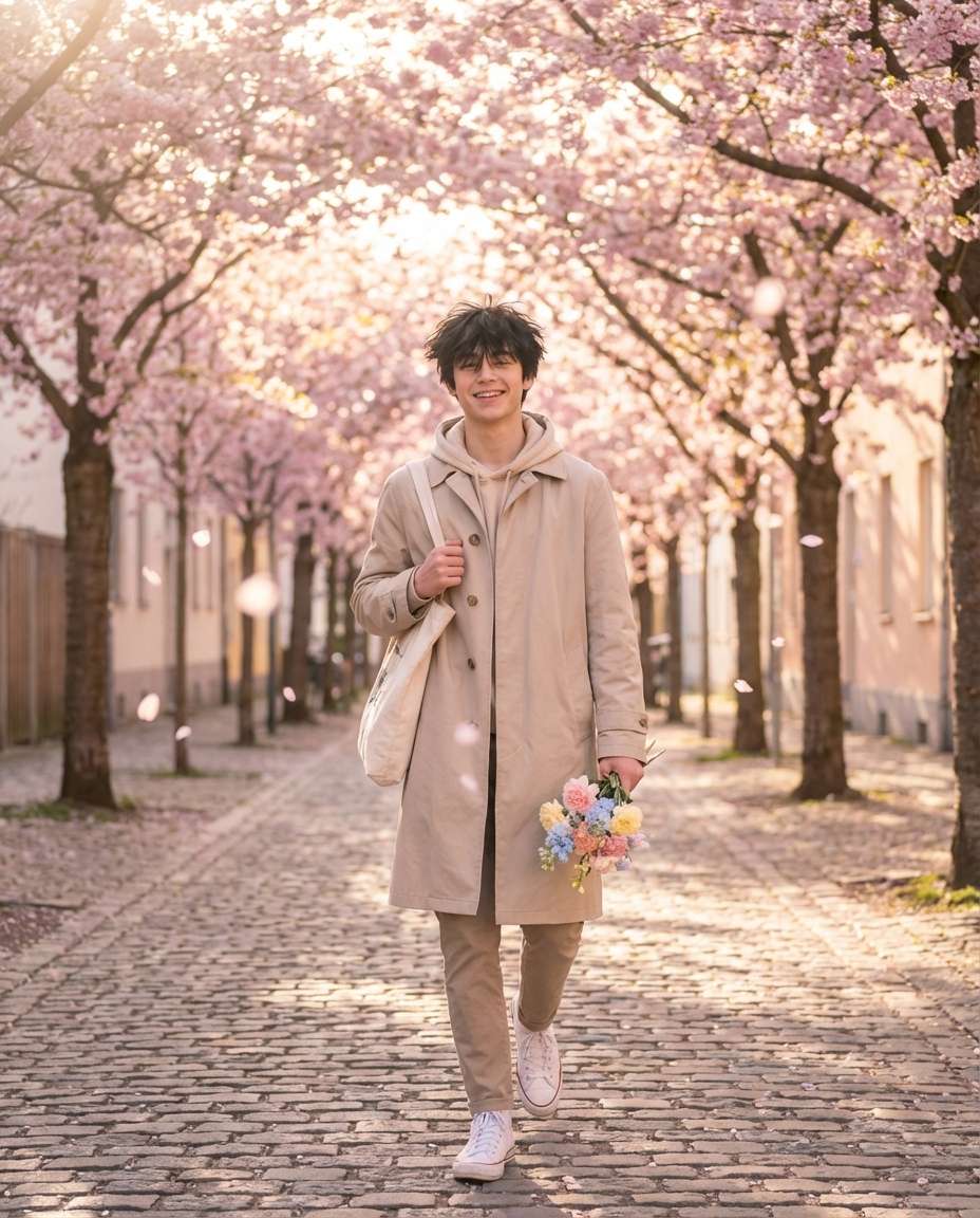 Spring Blossom Alley AI portrait example — AI Flower Photo Prompt for Boys