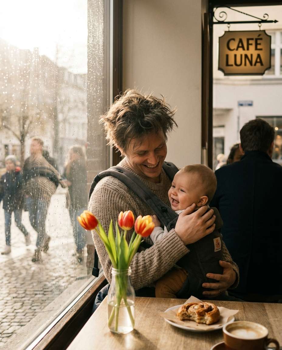 Spring Café Window Moment AI portrait example — AI Baby Flower Photo Prompt