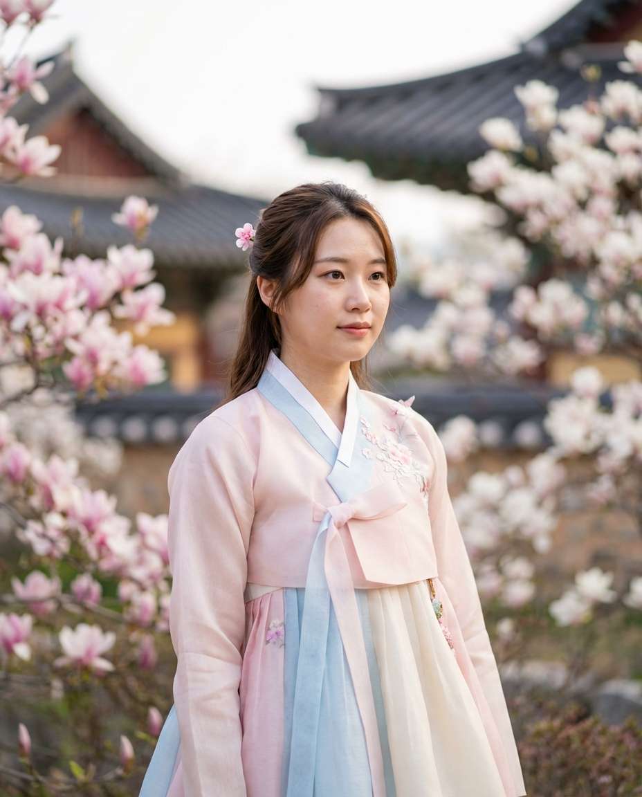 Spring Hanbok Blossoms AI portrait example — AI Flower Photo Prompt for Girls