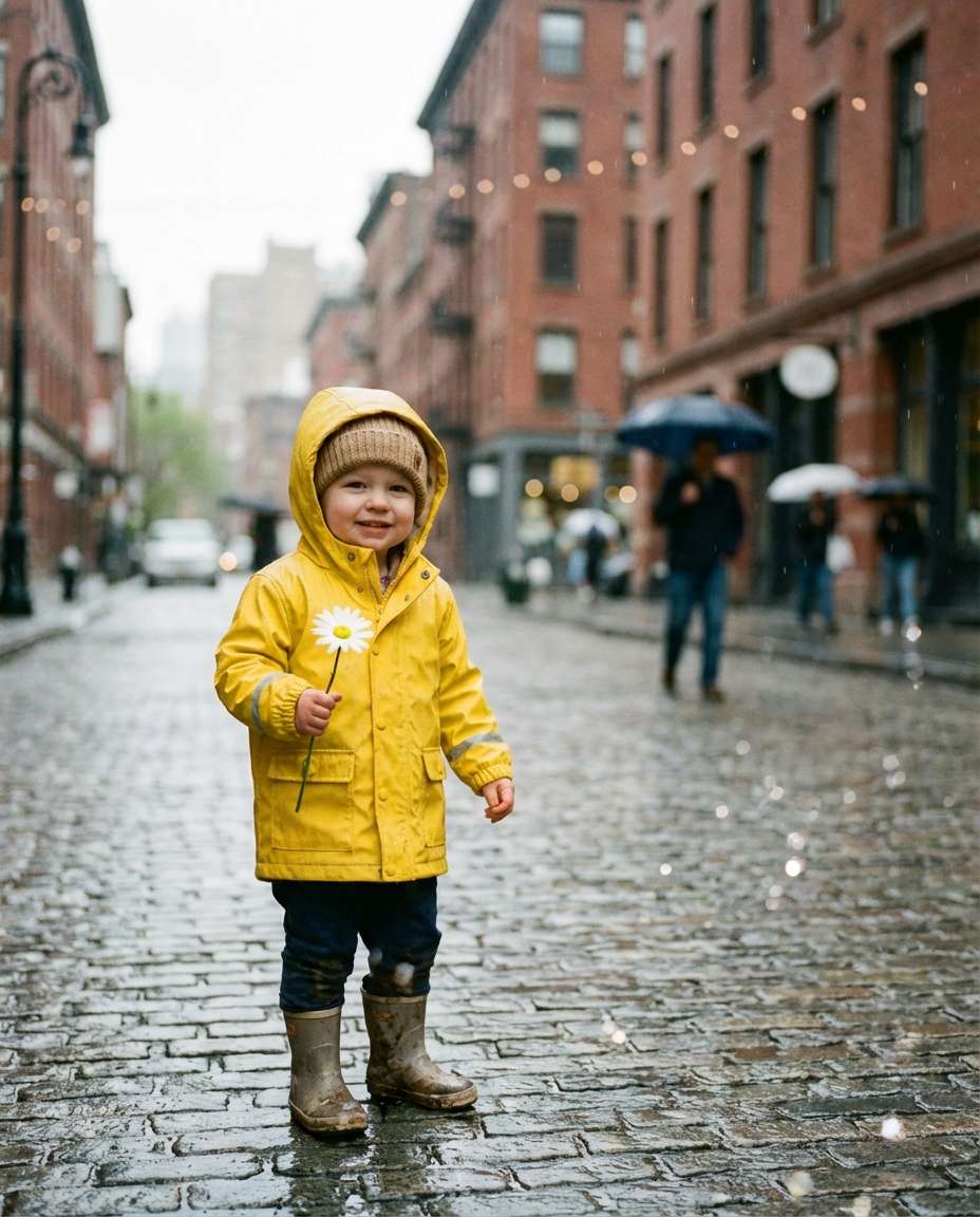 Spring Raincoat Daisies AI portrait example — AI Baby Flower Photo Prompt
