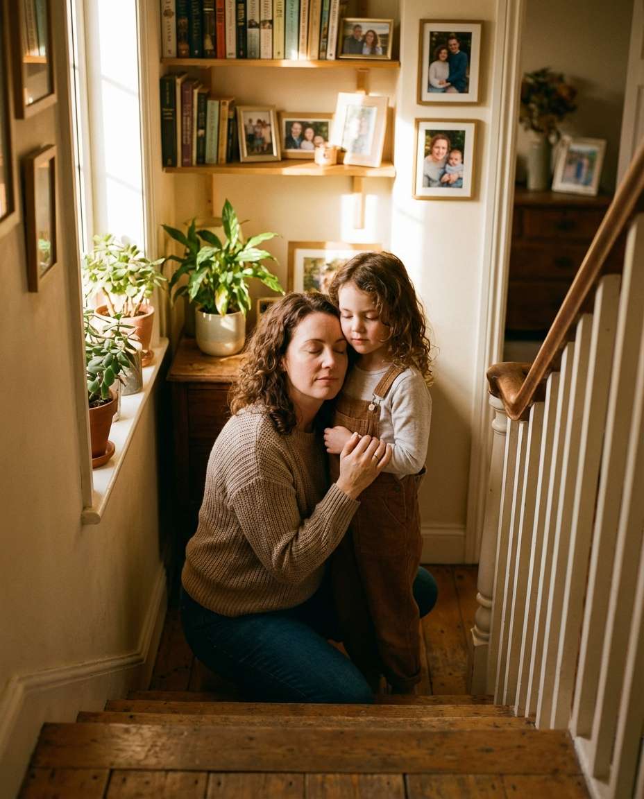 Staircase Homecoming AI portrait example — Gemini Hug My Youngself Prompt