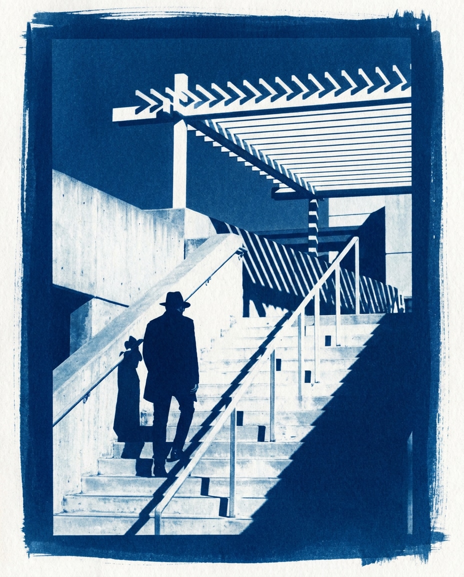 Staircase Light Figure AI portrait example — Free AI Cyanotype Photo Prompts for Gemini & ChatGPT