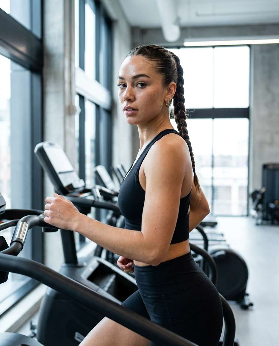 Stairmaster Confidence AI portrait — Gemini Gym Photo Prompt
