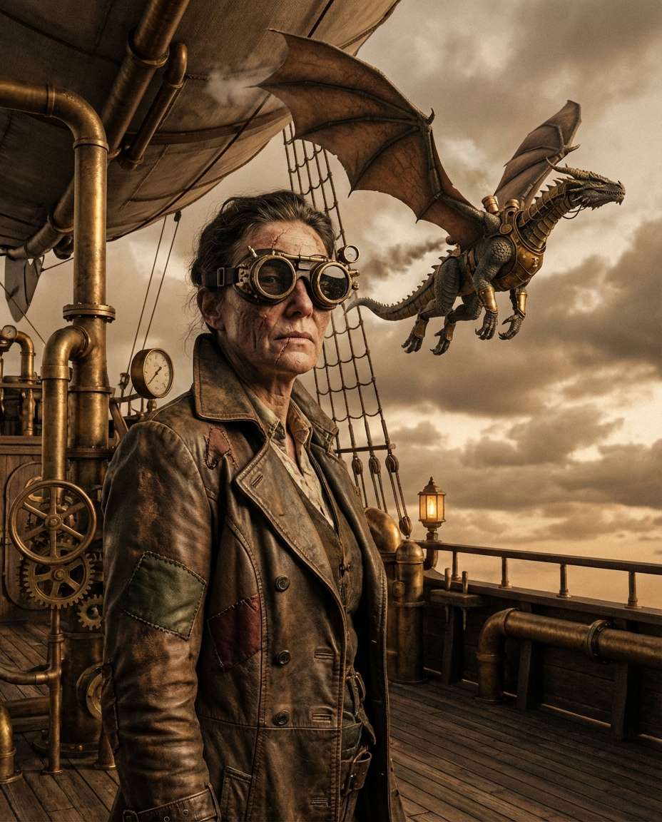 Steampunk Airship Deck AI portrait example — Gemini AI Dragon Photo Prompt