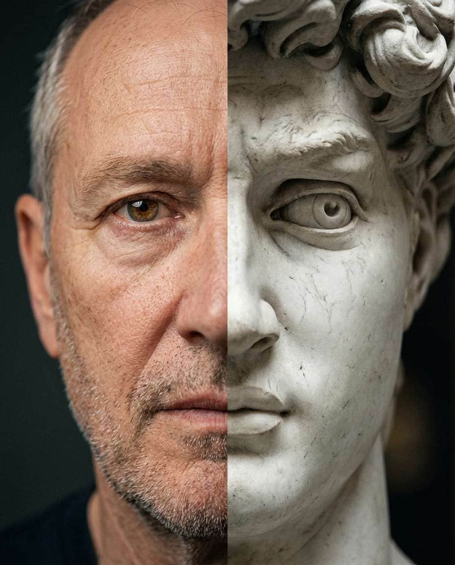 Stone Statue Contrast AI portrait example — Gemini AI Half Face Prompt