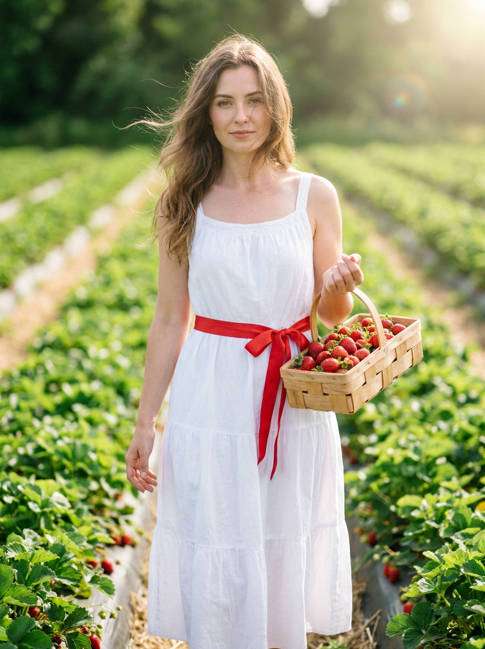 Strawberry Field Stroll AI portrait — Strawberry Aesthetic Prompts for Gemini & ChatGPT