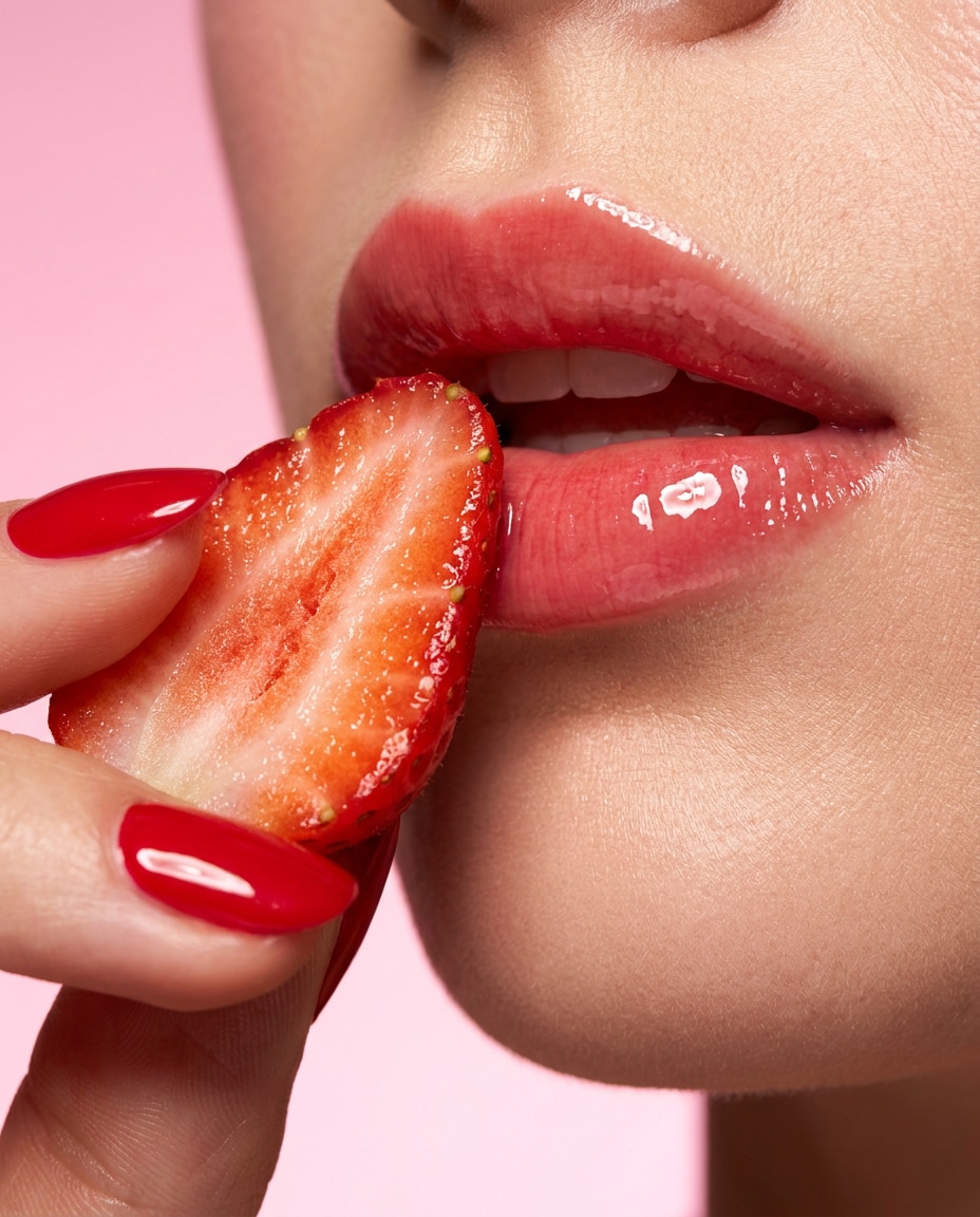 Strawberry Lip Gloss Macro AI portrait — Strawberry Aesthetic Prompts for Gemini & ChatGPT