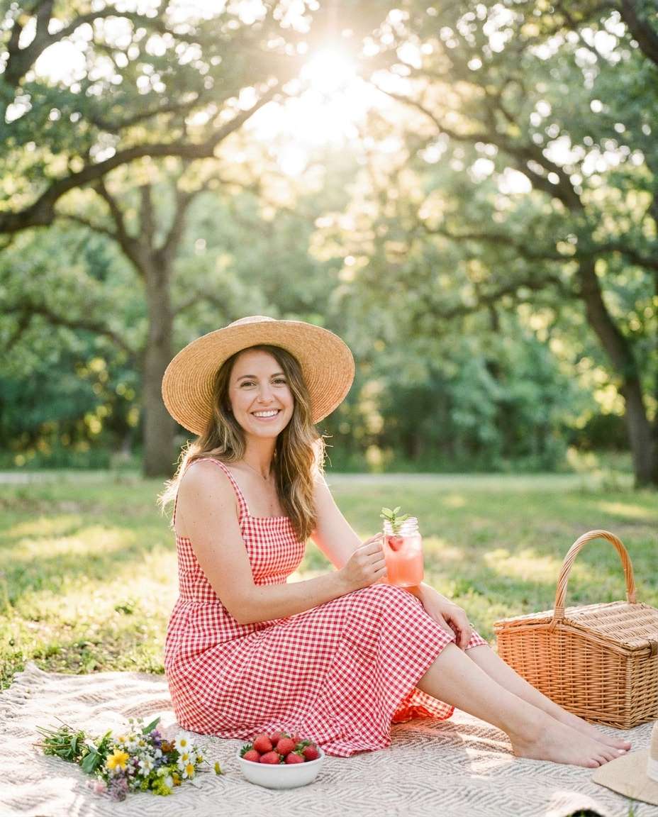 Strawberry Picnic Day AI portrait — Strawberry Aesthetic Prompts for Gemini & ChatGPT