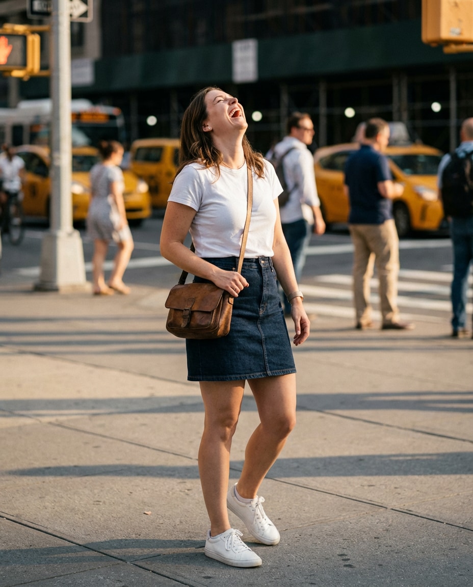 Street Corner Candid AI portrait — Gemini AI Denim Skirt Prompt