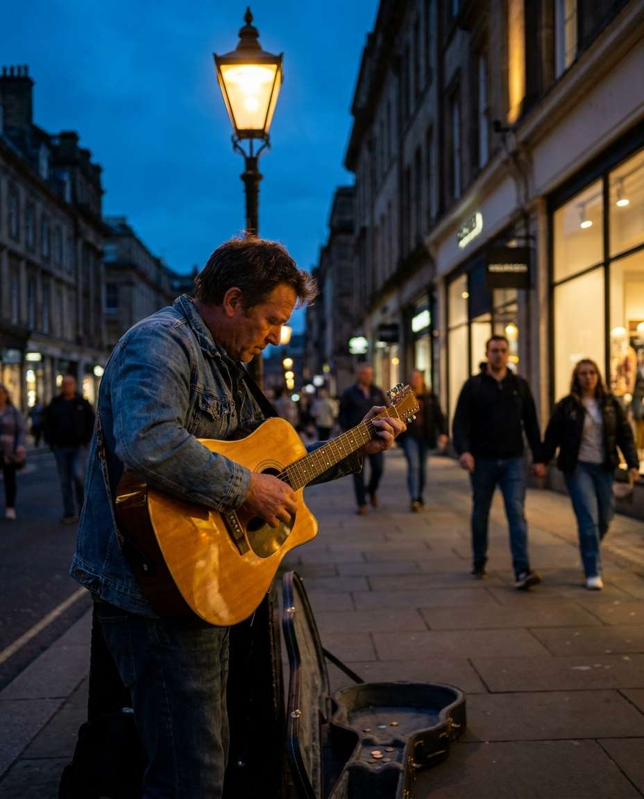 Street Music Moment AI portrait — Gemini AI Blue Hour Photo Prompt