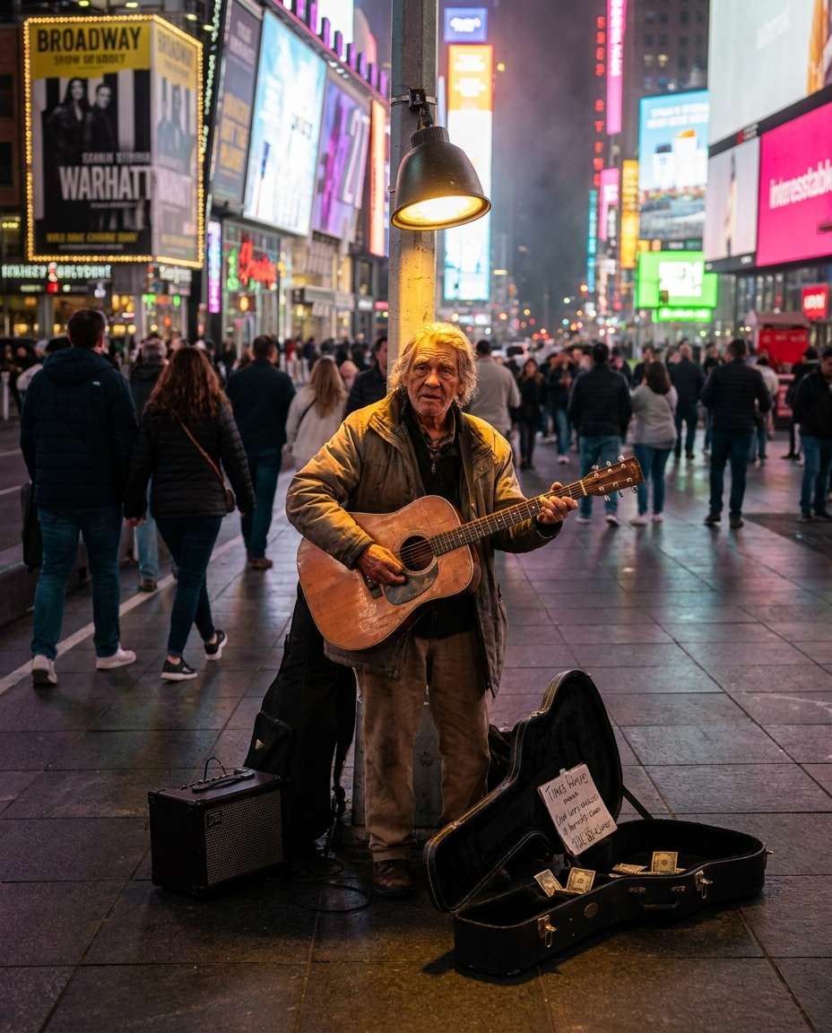 Street Musician Spotlight AI portrait example — Gemini AI Photo Prompt Times Square