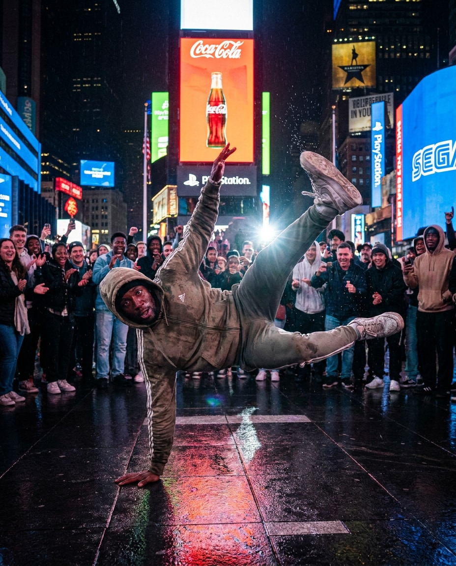 Street Performer Moment AI portrait example — Gemini AI Photo Prompt Times Square