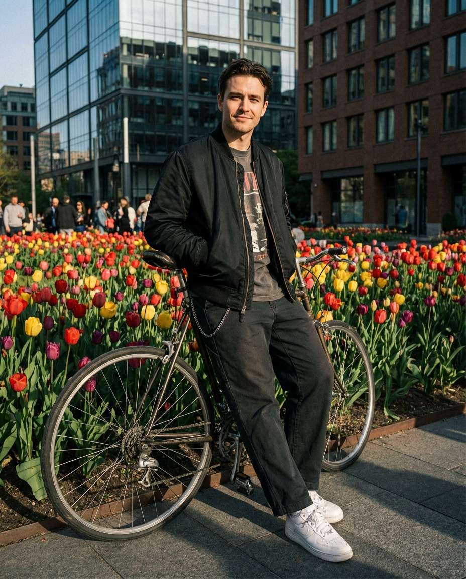 Street Style Near Garden AI portrait example — AI Tulip Garden Photography Prompt