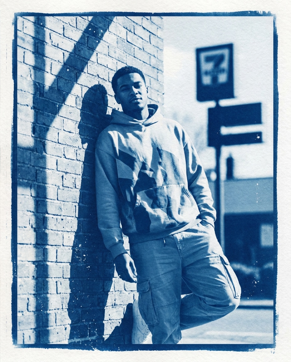 Streetwear Blueprint Vibe AI portrait example — Free AI Cyanotype Photo Prompts for Gemini & ChatGPT