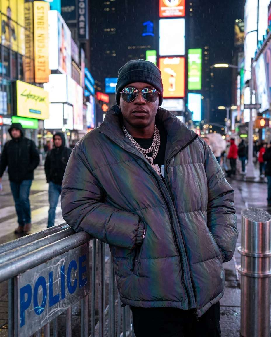 Streetwear Night Portrait AI portrait example — Gemini AI Photo Prompt Times Square