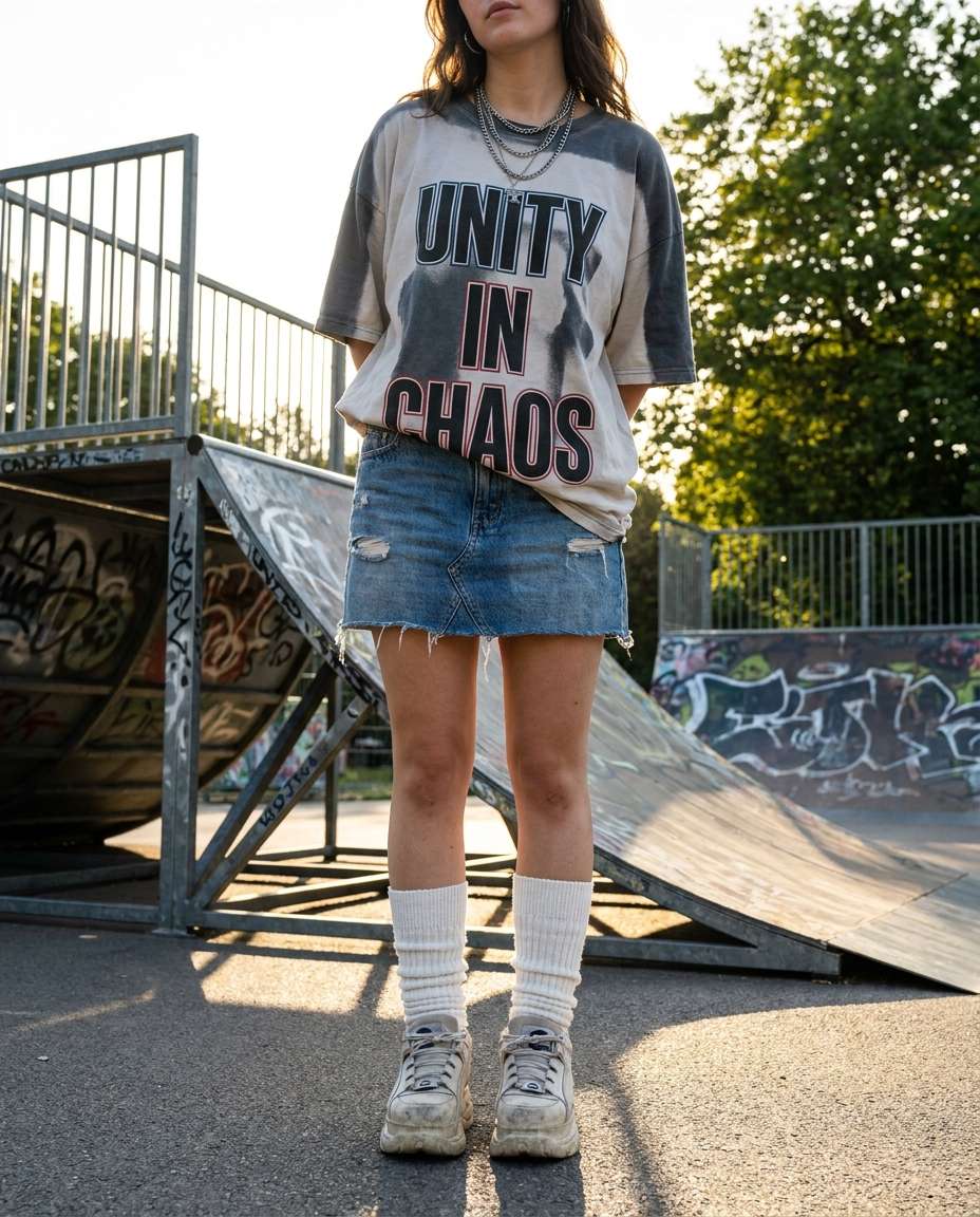Streetwear Oversized Tee AI portrait — Gemini AI Denim Skirt Prompt