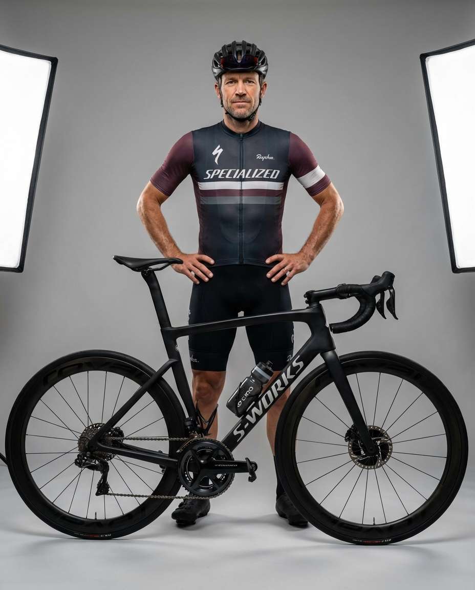 Studio Bike Portrait AI portrait example — Gemini AI Cyclist Photo Prompts