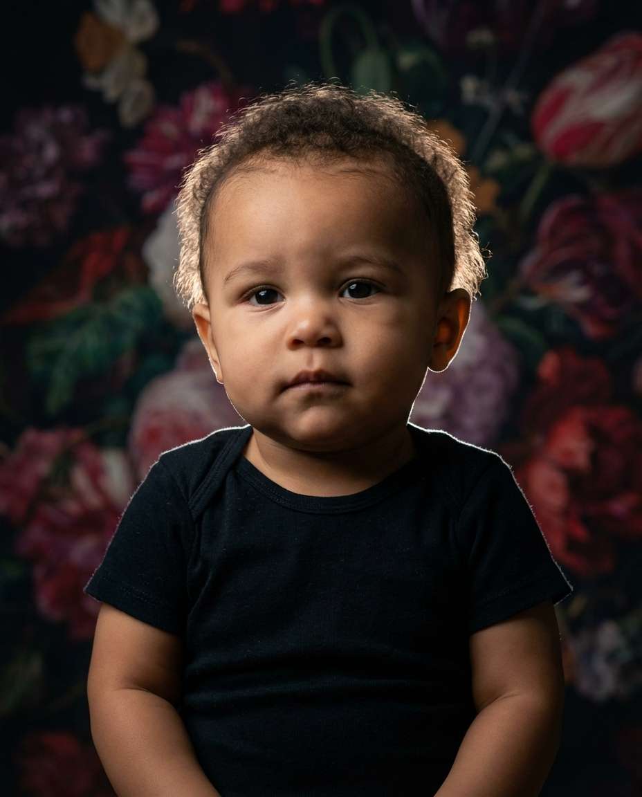 Studio Black Floral Drama AI portrait