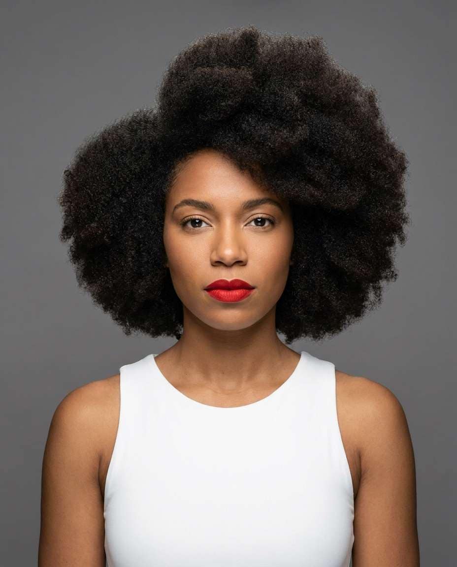 Studio Glossy Afro AI portrait example — Test 25 Curly Hairstyles with Gemini AI Prompt and See What Suits Your Texture