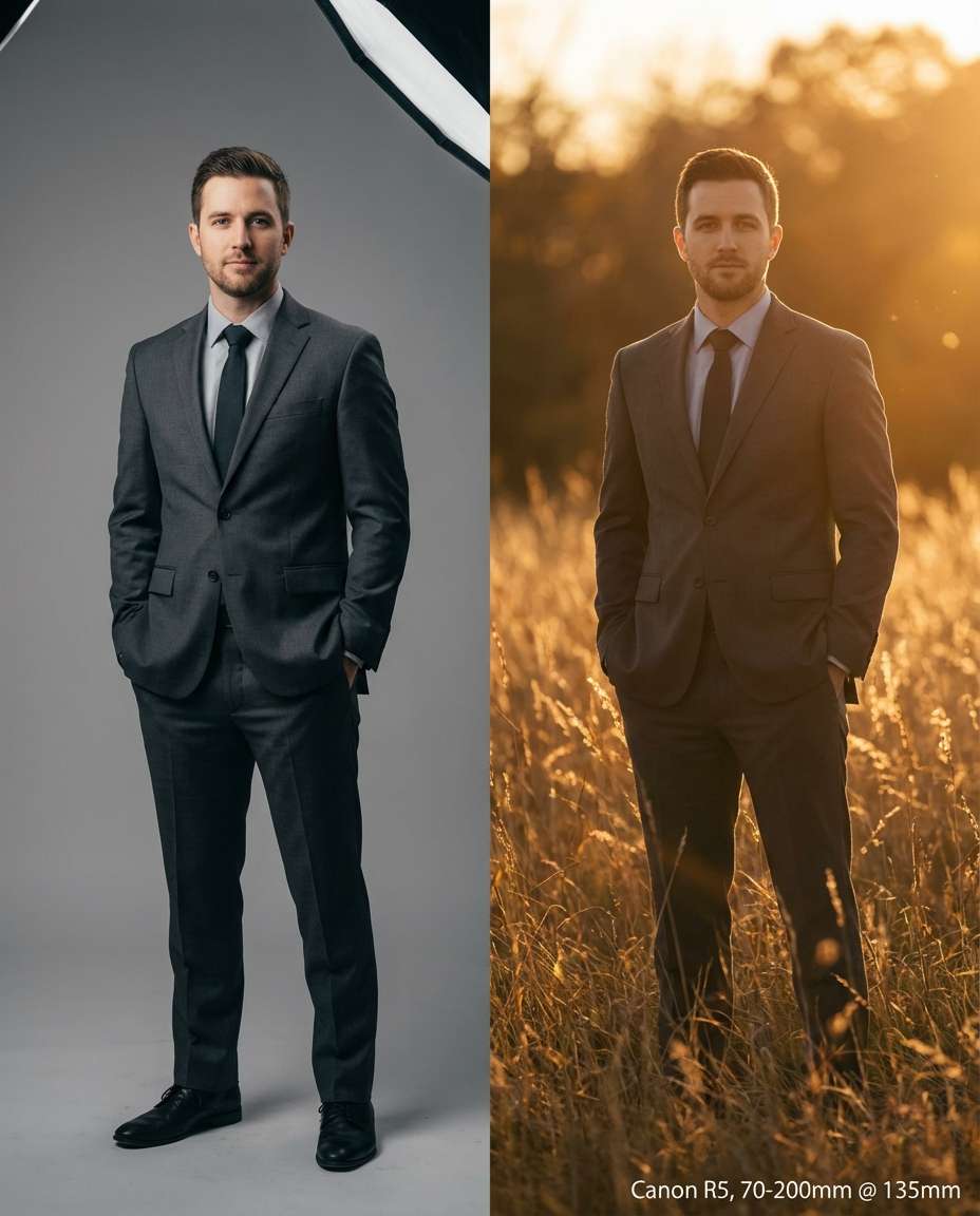 Studio vs Golden Field AI portrait — AI Split Photo Prompt