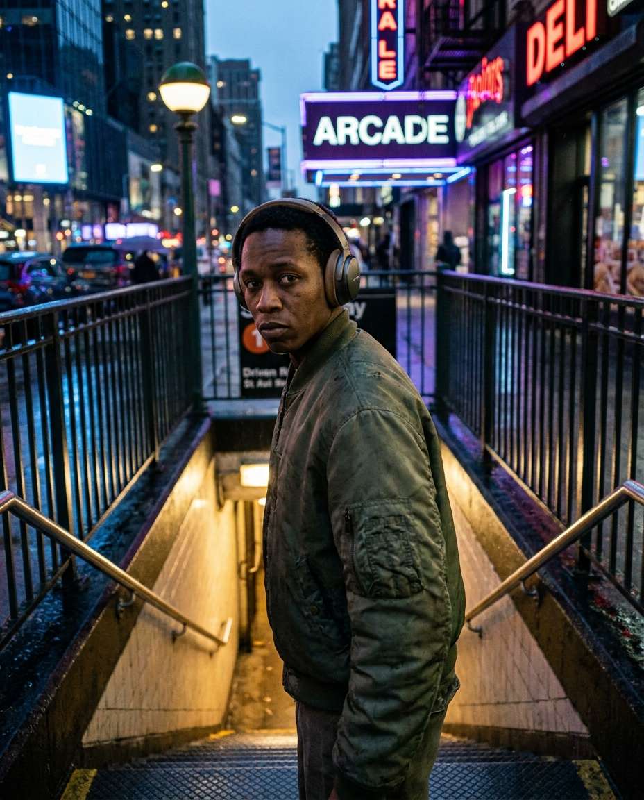 Subway Entrance Drama AI portrait — Gemini AI Blue Hour Photo Prompt