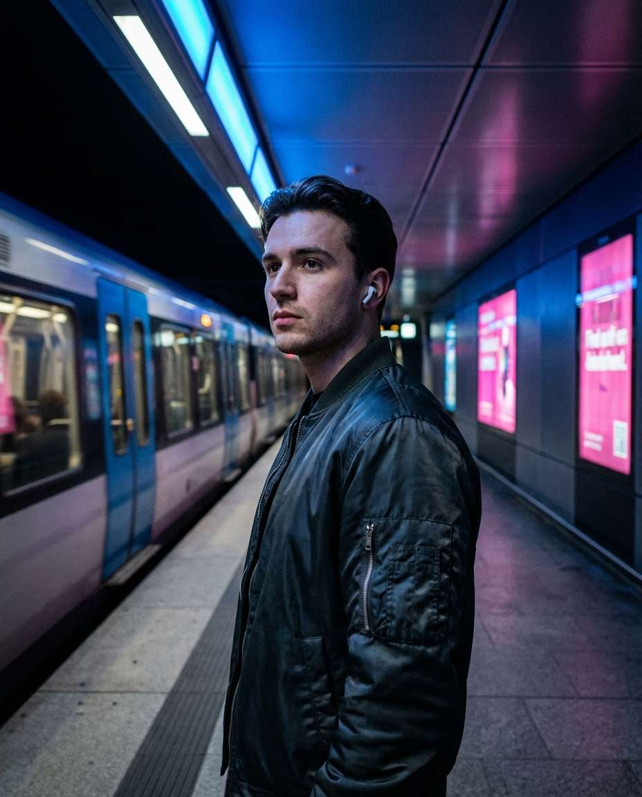 Subway Neon Platform AI portrait example — AI Neon Light Effect Photo Prompt