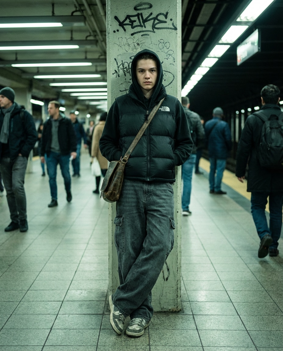 Subway Platform Grit AI portrait example — Gemini AI Baggy Jeans Streetwear Prompt